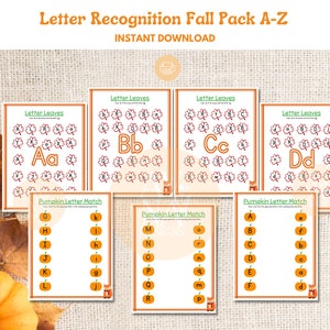 Hojas de trabajo de reconocimiento de letras para niños, hojas de trabajo de otoño para preescolar, actividad preescolar, reconocimiento de letras, letras mayúsculas y minúsculas