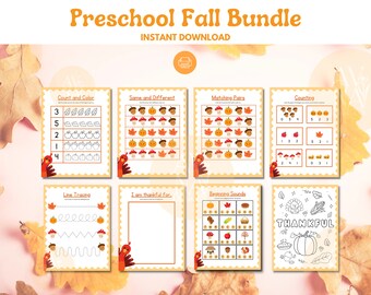 May include: A printable preschool activity pack with a fall theme. The pack includes worksheets for counting, matching, line tracing, and more. The worksheets feature images of pumpkins, acorns, and leaves.