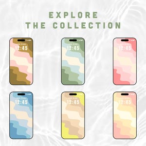 May include: Six smartphones with colorful abstract wave designs on their screens. The screens display the time as 12:45. The phones have different color schemes, including brown, green, pink, blue, yellow, and peach. The text "EXPLORE THE COLLECTION" is at the top.