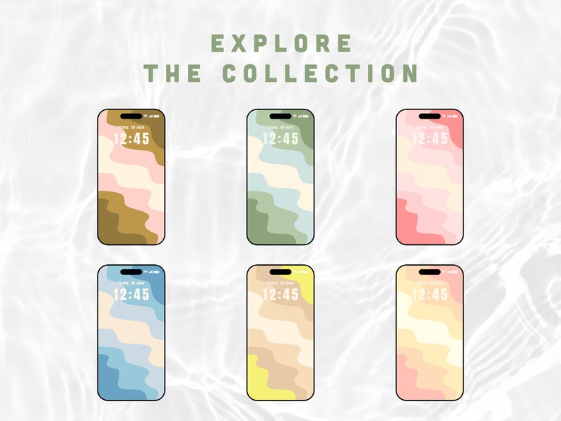 May include: Six smartphones with colorful abstract wave designs on their screens. The screens display the time as 12:45. The phones have different color schemes, including brown, green, pink, blue, yellow, and peach. The text "EXPLORE THE COLLECTION" is at the top.