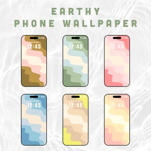 May include: Six smartphones displaying abstract, wavy wallpaper designs in various color palettes. The text "EARTHY PHONE WALLPAPER" is at the top. Each phone shows the time 12:45.