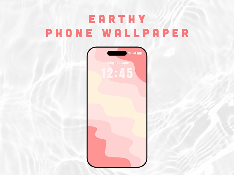 May include: A smartphone screen displays an "Earthy Phone Wallpaper" design. The wallpaper features abstract, wavy shapes in shades of pink and yellow. The time is 12:45 on Friday, 30 June. The phone has a black border.