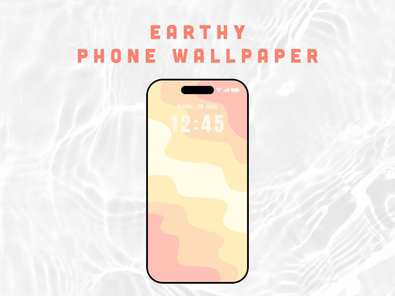 May include: A smartphone displaying an "Earthy Phone Wallpaper" design. The wallpaper features a layered abstract pattern in shades of peach, yellow, and cream. The time is displayed as 12:45. The phone has a black border and a notch at the top.