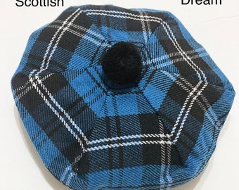 Great Men's Scottish Tam O' Shanter Hat Irish Blue and Black Tartan / Tammy Cap Free Size