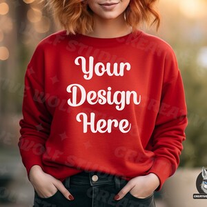 Gildan 18000 Red Mockup, Trending Crewneck Sweatshirt, Woman Sweater Mock up, Oversized G180 Model, G18000 Crew neck Mock, Outdoors