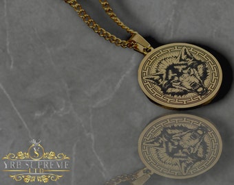 Men's Gold Wolf Coin Pendant Necklace, Medieval Jewelry, 3mm Gold Chain
