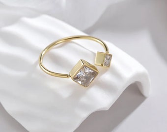 14k Gold Plated Open Ring Women's Square Diamond Ring Gift For Her