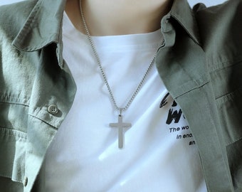 Men's Silver Cross Pendant Necklace, Stainless Steel Minimalist Religious Jewelry