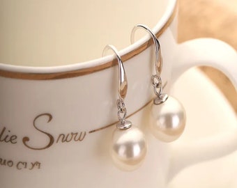 Sterling Silver Pearl Drop Earrings, Elegant Bridal Jewelry