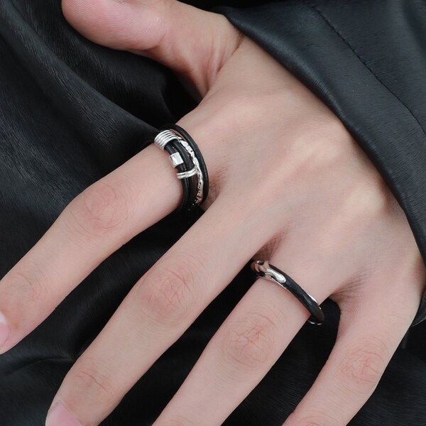 Dystopian Liquid Metal and Leather • Futuristic Black Ring • Street Wear Ring • Punk Ring • Edgy Jewelry