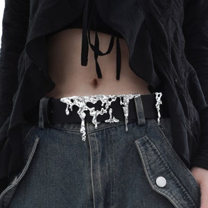 Liquid Metal Cool Melting Design Belt • Punk Women Belt • Black Belt with Cool Silver Buckle • Adjustable Metallic Belt Buckle