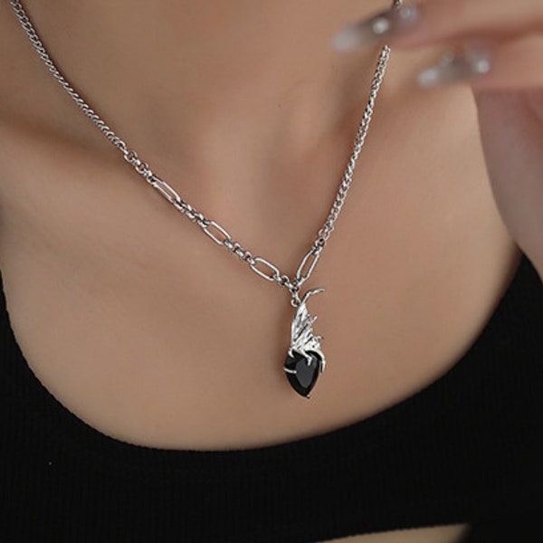 Silver Black Bat Wing Necklace • Bat Necklace • Black Bat Wing Necklace • Bat Jewelry • Cool Edgy Jewelry • Unique Necklace • Dark Feminine