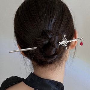 Fancy Silver Sword Hair Stick • Statement Piece • Edgy Silver Sword Hair Stick with Red drop • Gothic Alternative Hair Accessories