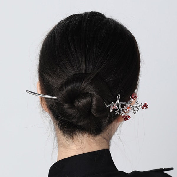 Red Plum Blossom Hair Sticks • Metal Hair Stick • Floral Hair Fork • Hair Accessories for Long Hair • Flower Hair Pins • Simple Bun Holder