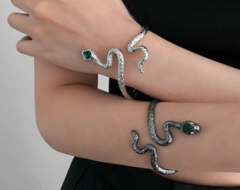 Snake Bracelet with Emerald Eyes • Silver or Black Serpent Bracelet • Snake Cuff Bracelet • Viper Serpent Jewelry Bangle - Gift for Her