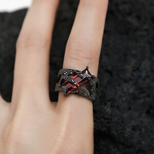 Cool Red Stone Ring • Red Jewel Adjustable Ring • Gothic Metal Ring • Punk Black Ring • Statement Rings • Cool Unique Ring • Party Ring