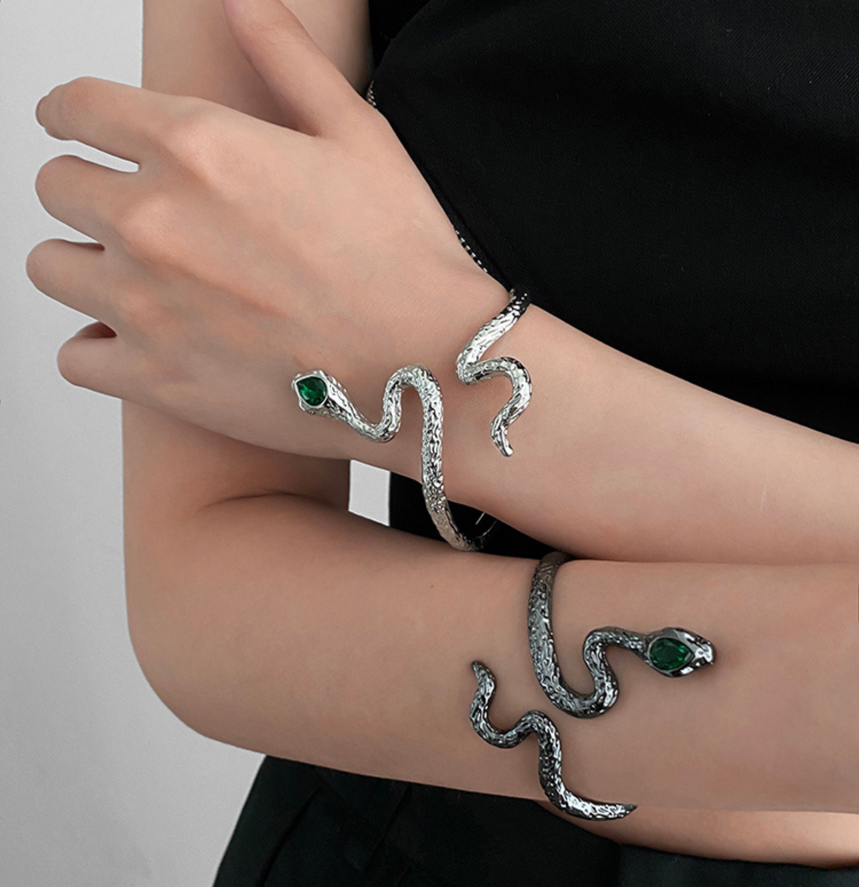 Snake Bracelet with Emerald Eyes * Silver or Black Serpent Bracelet * Snake Cuff Bracelet * Viper Serpent Jewelry Bangle - Gift for Her