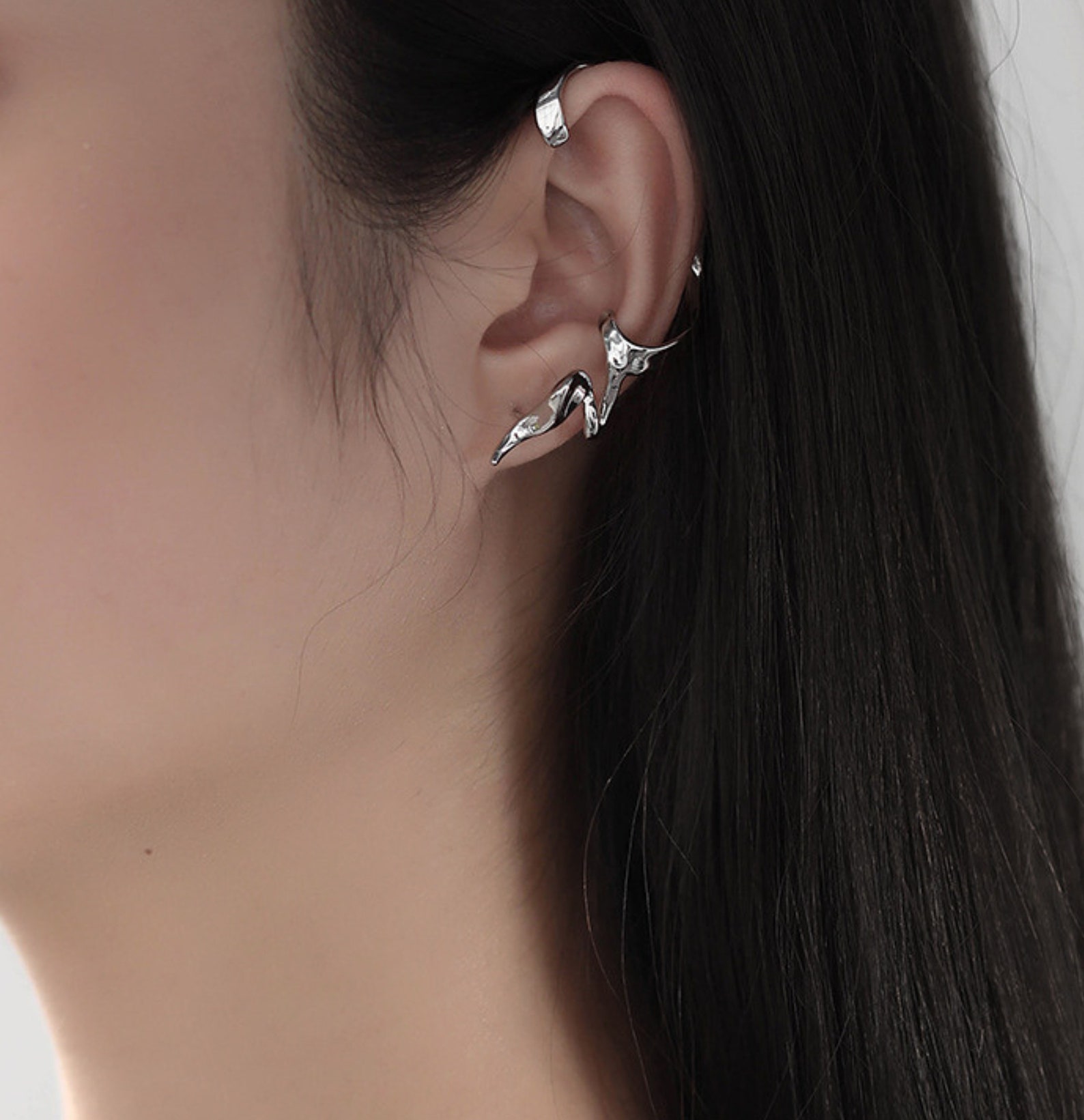 Minimal Silver Ear Wrap Liquid Metal Ear Cuff Futuristic Etsy