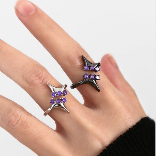 Purple Gemstone Star Ring • Adjustable Ring • Fashionable Purple Star Ring • Minimalist Star Ring • Silver and Black • Cool Ring Gift