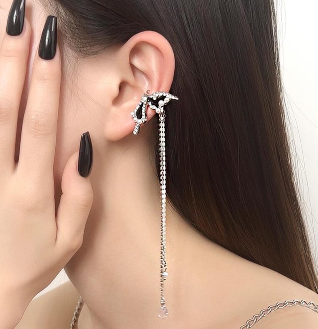 Black Butterfly Ear Cuffs No Piercing Long Tassel Ear Cuffs Etsy