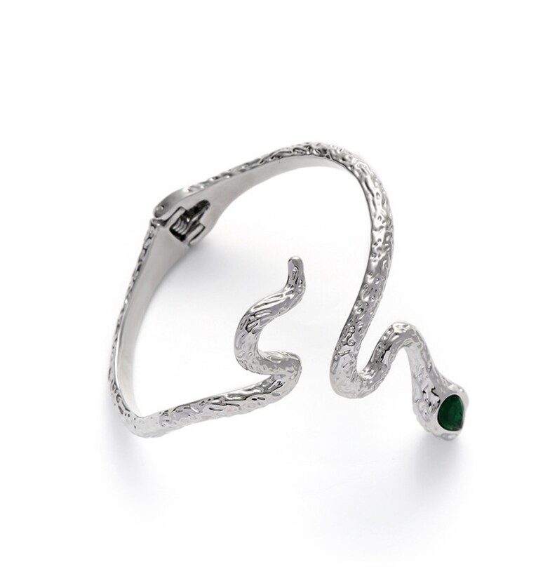 Snake Bracelet With Emerald Eyes Silver or Black Serpent Etsy