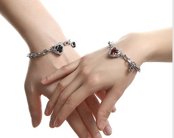 Heart Chain Couple Bracelet • Black and Red Heart Chain Matching Bracelets • Gothic Punk Couples Bracelet Set • Best Friends Bracelet