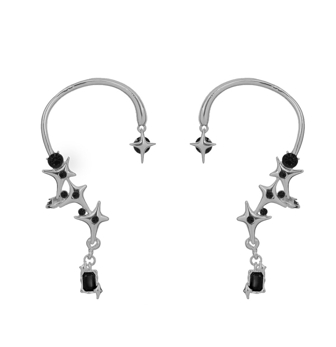 Silver Star Full Ear Cuff With Black Stone Metal Ear Wrap Earring No