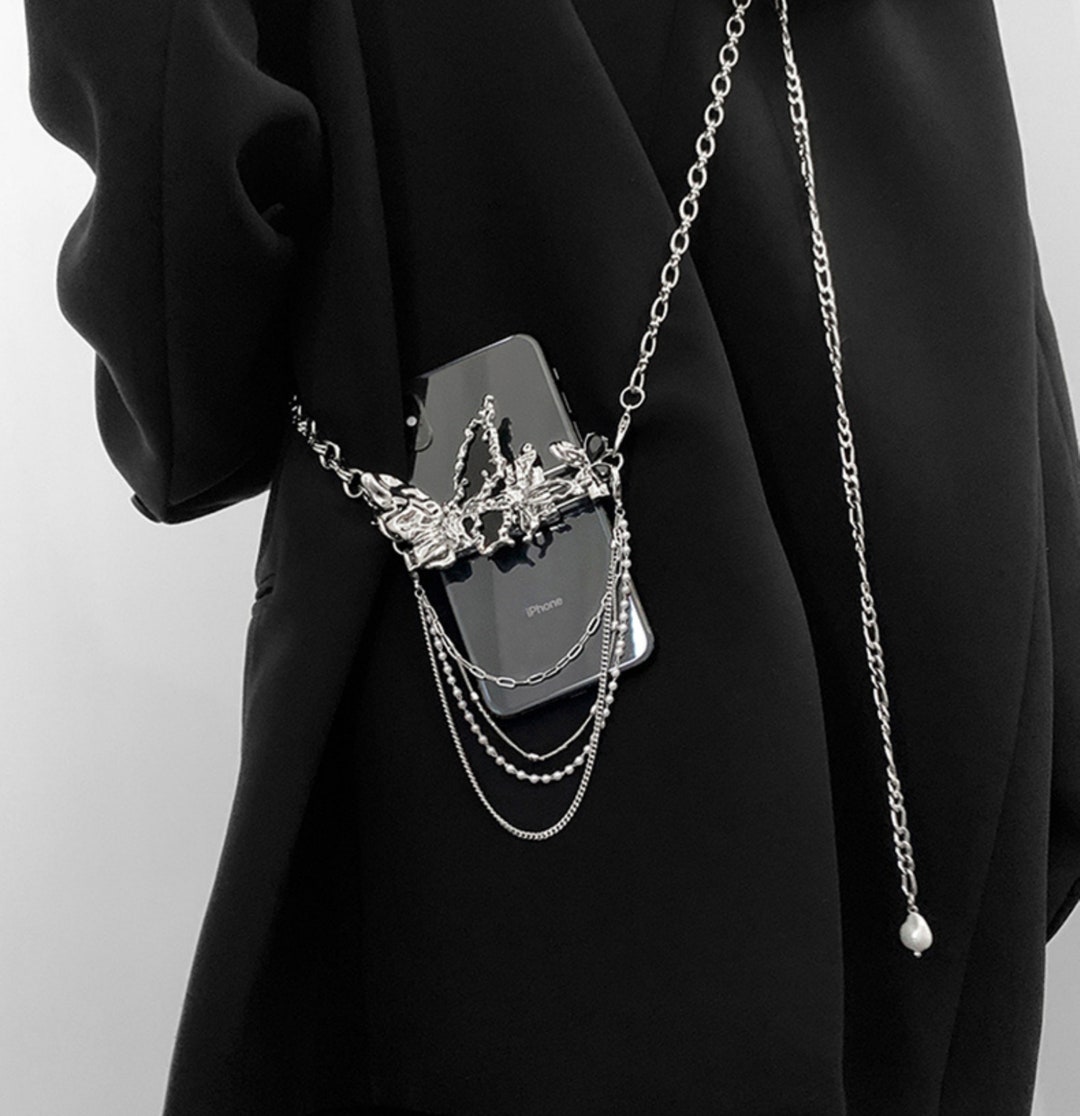 Butterfly Crossbody Phone Holder with Chain • Metal Crossbody Phone Bandolier • Butterfly Phone Case Chain • Futuristic Phone Accessories