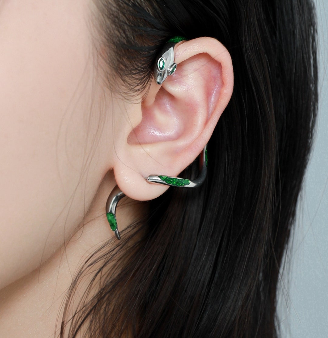 Left Ear Snake Ear Cuff Earring With Emerald Eyes Silver Etsy