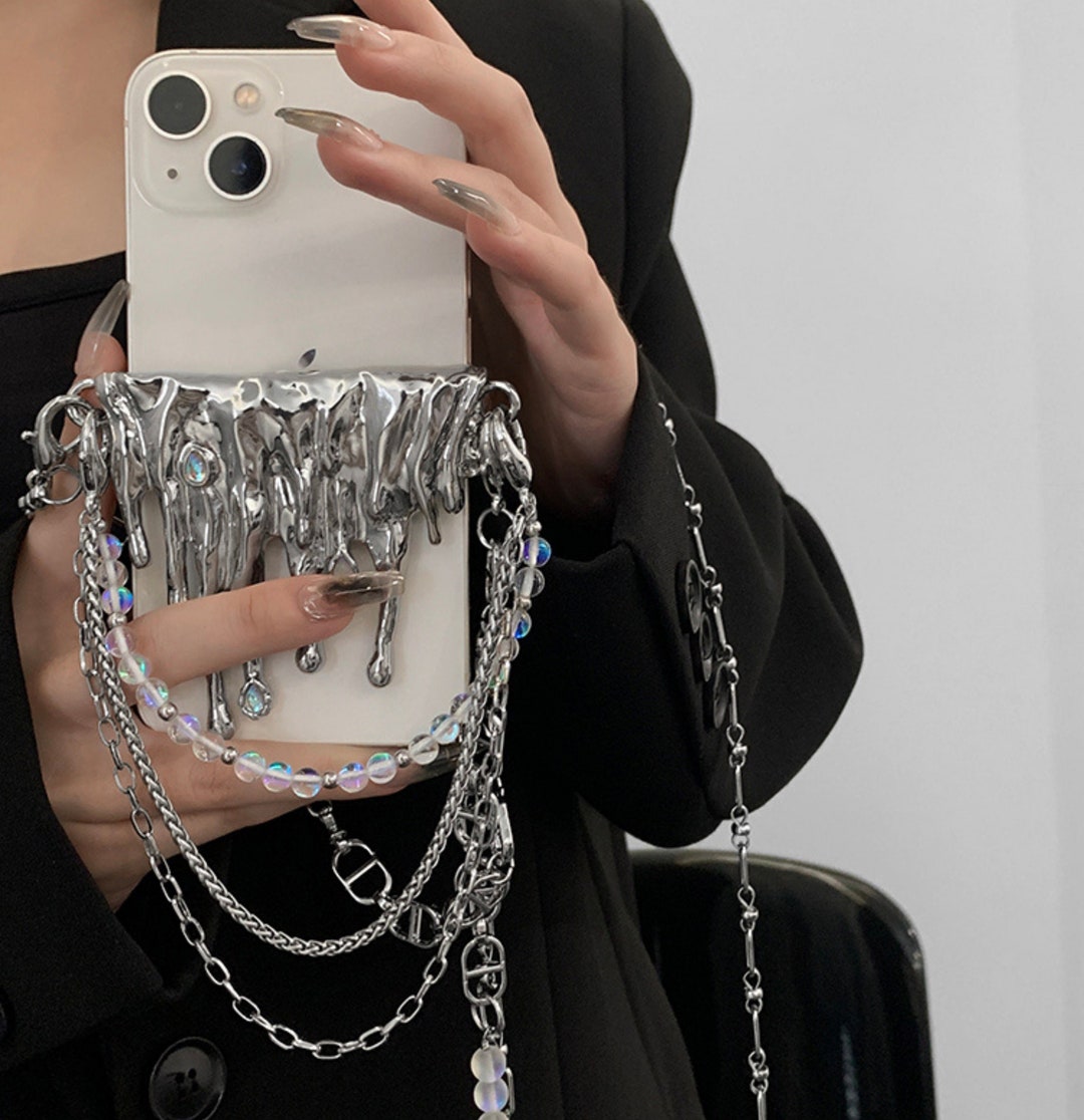 Liquid Metal Crystal Crossbody Phone Holder With Chain Crossbody Phone