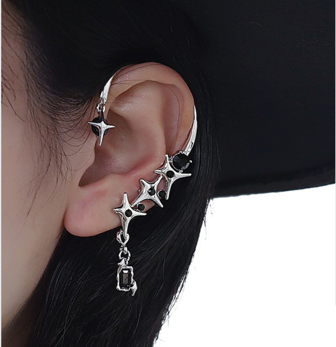 Silver Star Full Ear Cuff With Black Stone Metal Ear Wrap Earring No  Piercing Warp Full Ear Cover Ear Clips Ear Climber - Etsy
