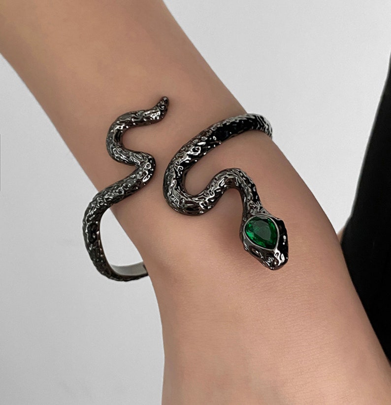 Snake Bracelet With Emerald Eyes Silver or Black Serpent Etsy
