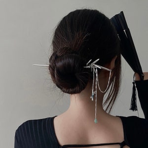 Bamboo Tassel Metal Hair Stick • Modern Hair Pin for Thick Long Hair • Silver Hair Accessories • Unique Bamboo Hair Stick Pin • Hair Jewelry