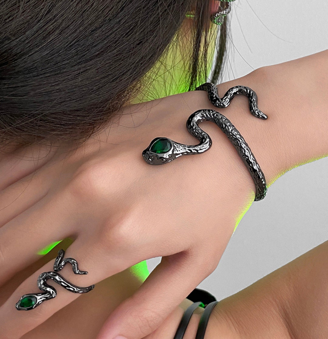 Snake Bracelet With Emerald Eyes Silver or Black Serpent Bracelet