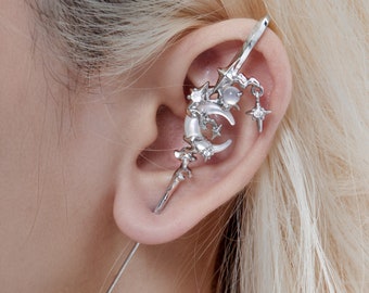 Moon Ear Pin Earring • Moon Cross Ear Pin • Punk Moon Bar Earring • Ear Crawler Earring • Edgy Pin Hook Ear Cuff