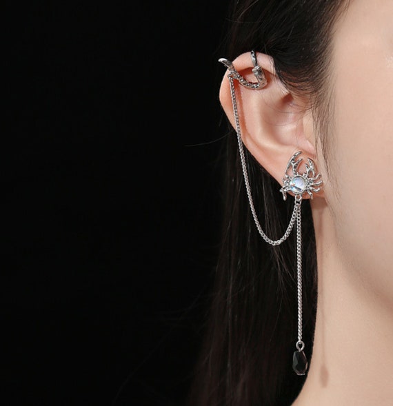 Opalite Scorpion Ear Cuff Earrings With Long Chain Crystal