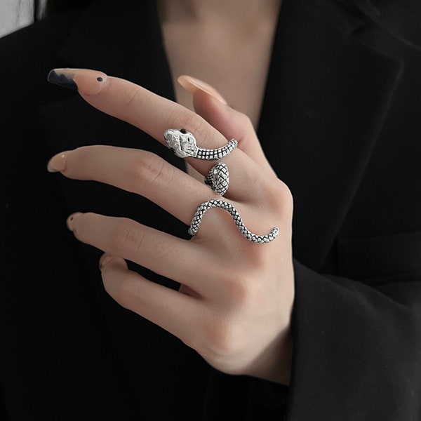 Unique Two Finger Snake Ring with Black Eyes • Snake Multi Finger Ring • Silver Serpent Ring • Snake Ring • Snake Jewelry • Cool Ring