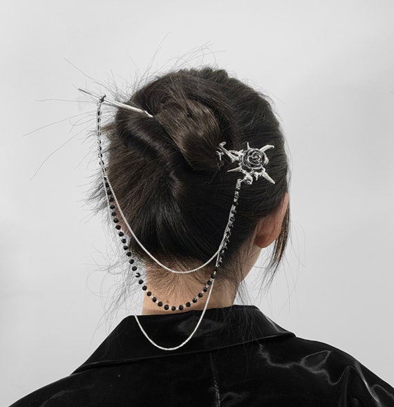 Black Rose Metal Hair Stick With Long Chain Modern Hair - Etsy Black Rose Metal Hair Stick With Long Chain Modern Hair - Etsy