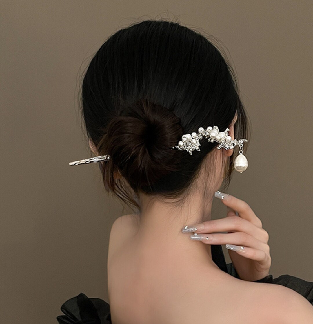 Pearl Hair Stick Modern Hair Pin for Thick Long Hair Silver Pearl Hair
