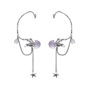 Purple Jellyfish Ear Cuff With Long Chain Starfish •  Silver No Piercing Ear Cuff • Ear Cuff Chain • Jellyfish Jewelry • Silver Ear Crawler