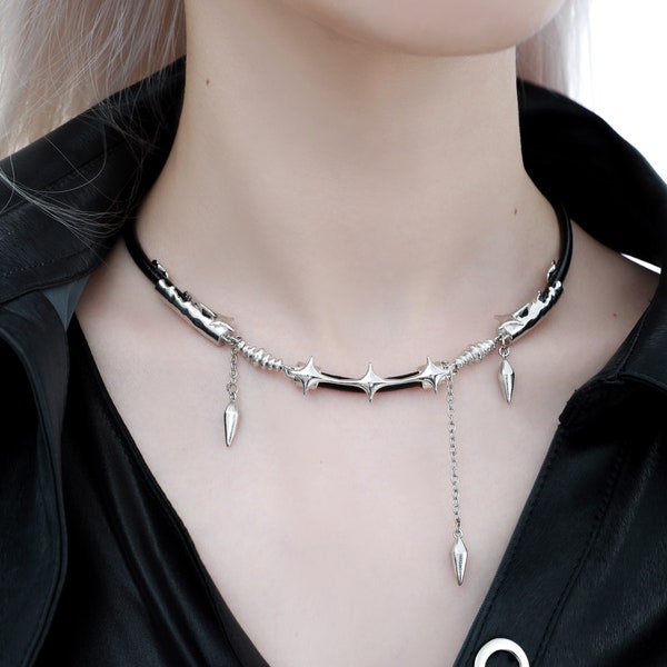 Star Leather Necklace • Liquid Metal Stars Choker • Futuristic Black Necklace • Street Wear Necklace • Punk Necklace • Edgy Jewelry