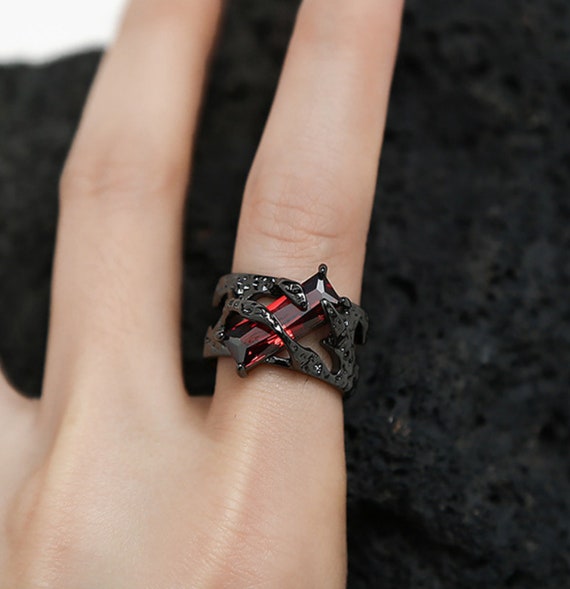 Cool Red Stone Ring Red Jewel Adjustable Ring Gothic Metal Ring Punk Black  Ring Statement Rings Cool Unique Ring Party Ring 