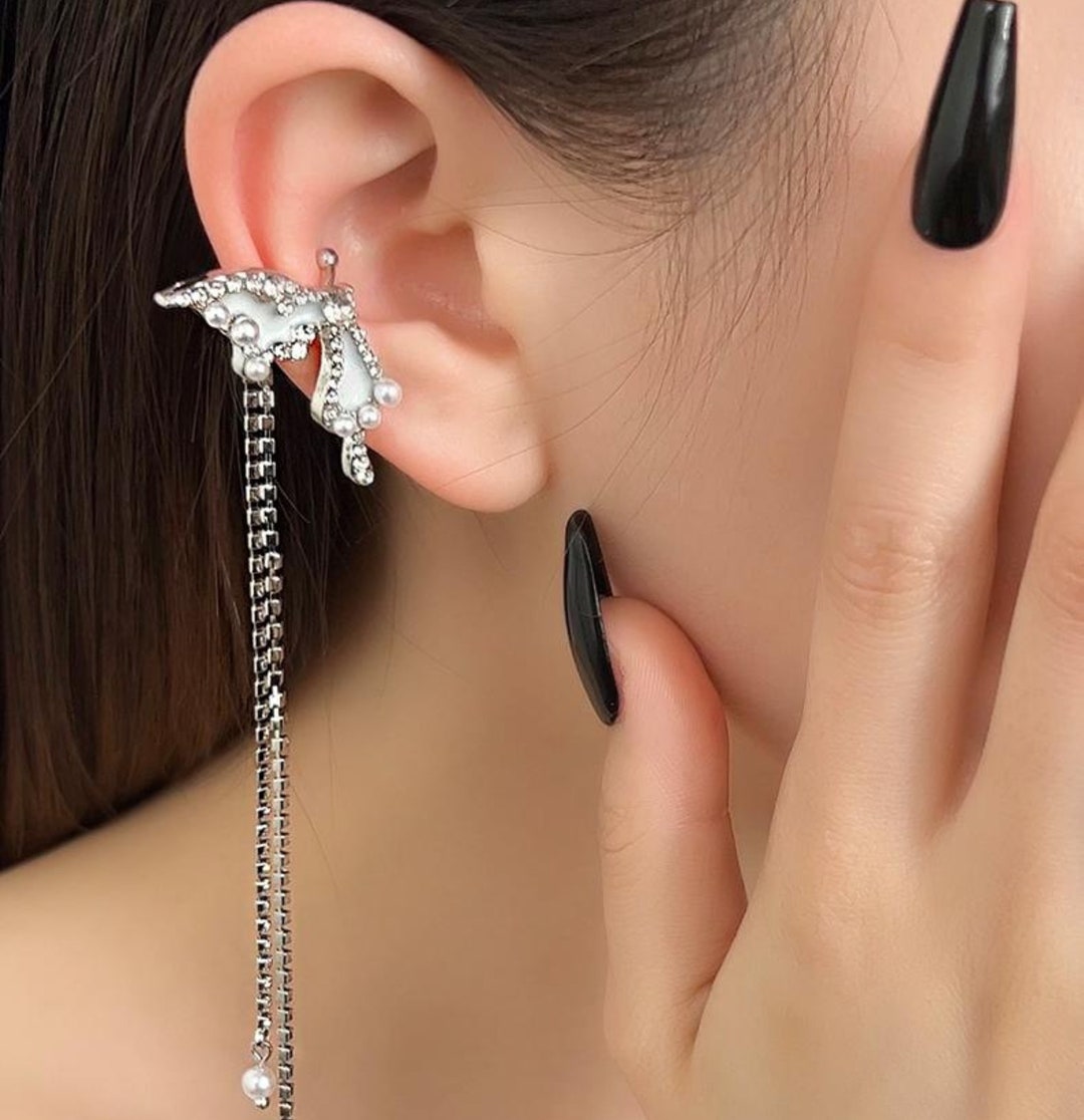 White Butterfly Ear Cuffs No Piercing Long Tassel Ear Cuffs Etsy