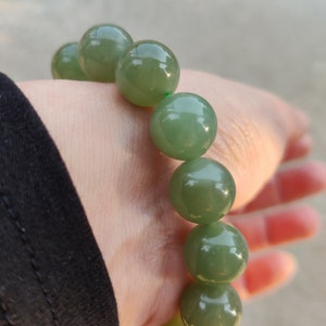 12mm lake green Hetian jade nephrite beaded bracelet 湖水绿和田玉手串