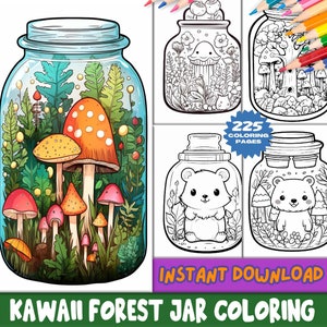 Cute Kawaii Forest-Jar Coloring Pages Cute Terrarium Jar Coloring Pages, Enchanted Forest Scenes Coloring, Relaxing Activity for Adults Kids