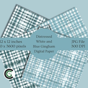 Printable Distressed Blue and White Gingham Digital Paper Scrapbooking DIY Projects Instant Download Textured Backgrounds