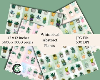 Whimsical Abstract Plants Digital Paper Printable Botanical Backgrounds for Scrapbooking Invitations Crafts