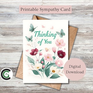 Carte de sympathie imprimable avec fleurs et papillons Carte de condoléances numérique Carte de deuil à téléchargement immédiat Carte Pensées à vous