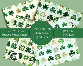 Printable Shamrock Digital Paper Pack St. Patrick&#39;s Day Green and Gold Clover Backgrounds for Scrapbooking Crafts Card Making Party Decor