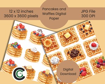 Papel digital de panqueques y waffles: Fondos para álbumes de recortes de desayuno (archivo JPG)